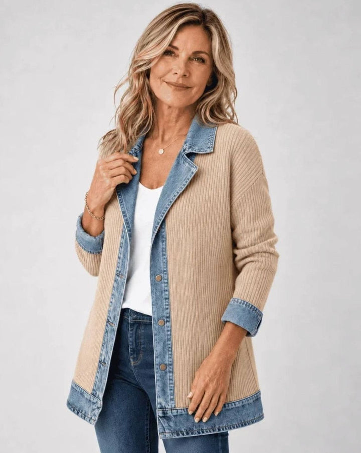 Women's Oversized Denim Trucker Jacket Knit Panel - Khaki
