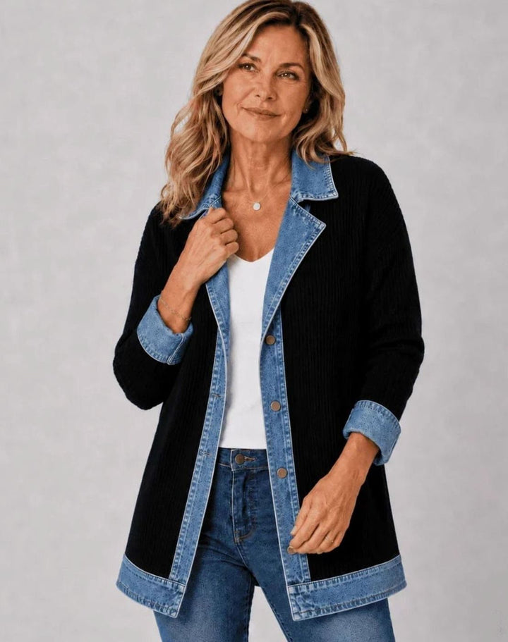 Women's Oversized Denim Trucker Jacket Knit Panel - Black