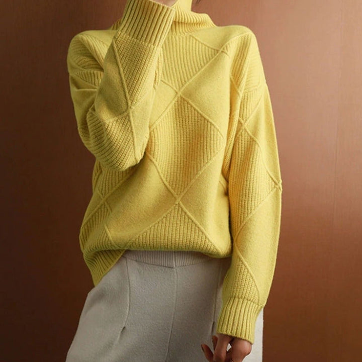 Women's Oversized Diamond-Texture Turtleneck Knit Sweater - Yellow