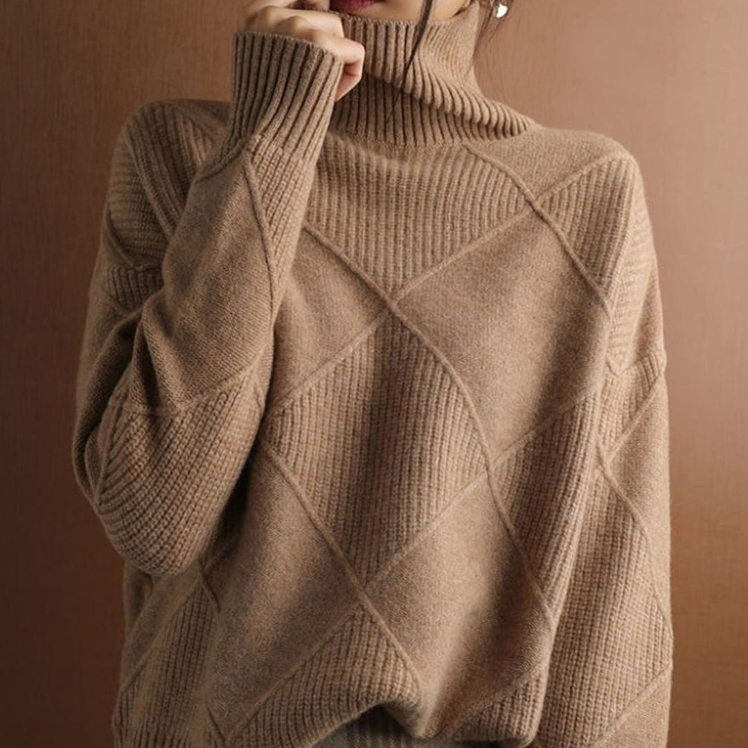 Women's Oversized Diamond-Texture Turtleneck Knit Sweater - Brown
