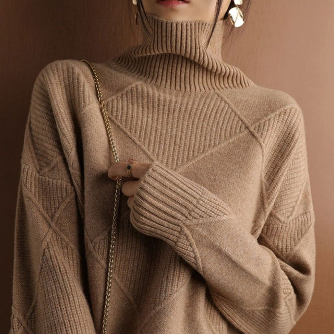 Women's Oversized Diamond-Texture Turtleneck Knit Sweater