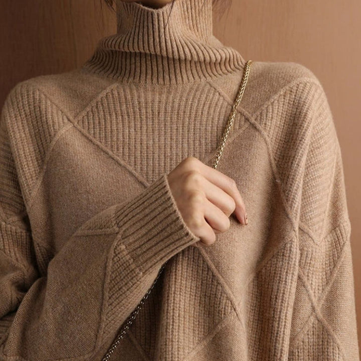 Women's Oversized Diamond-Texture Turtleneck Knit Sweater