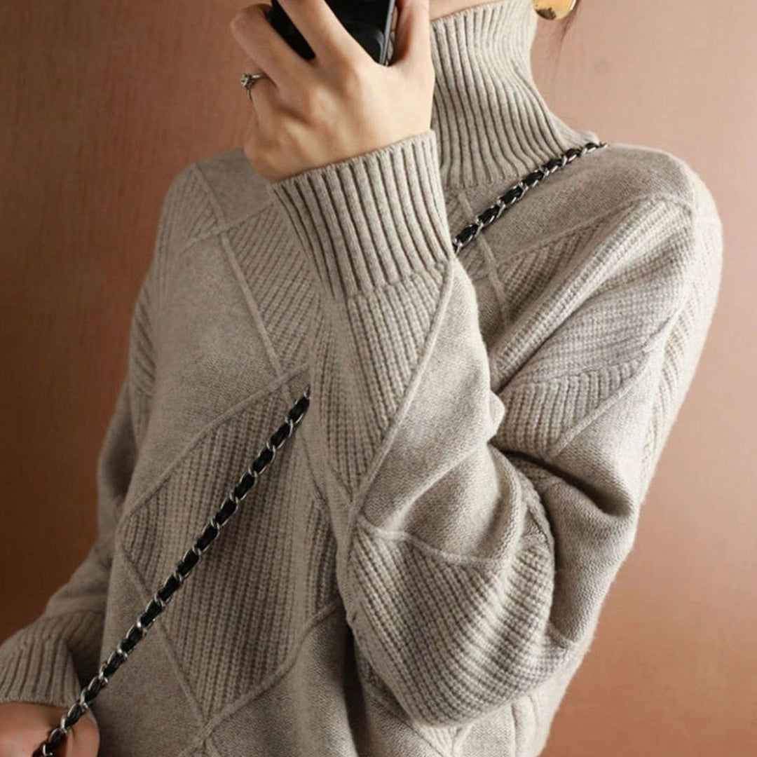 Women's Oversized Diamond-Texture Turtleneck Knit Sweater