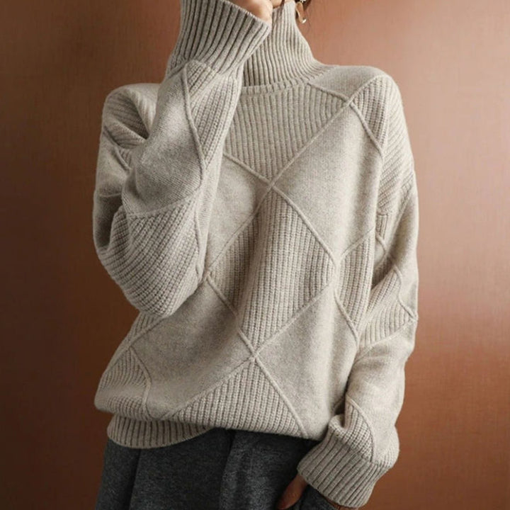 Women's Oversized Diamond-Texture Turtleneck Knit Sweater - Khaki
