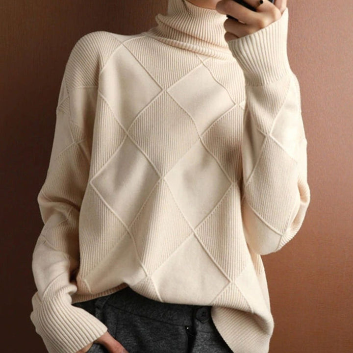 Women's Oversized Diamond-Texture Turtleneck Knit Sweater
