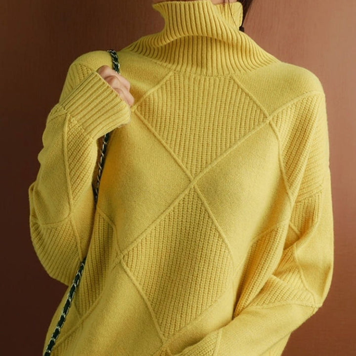 Women's Oversized Diamond-Texture Turtleneck Knit Sweater