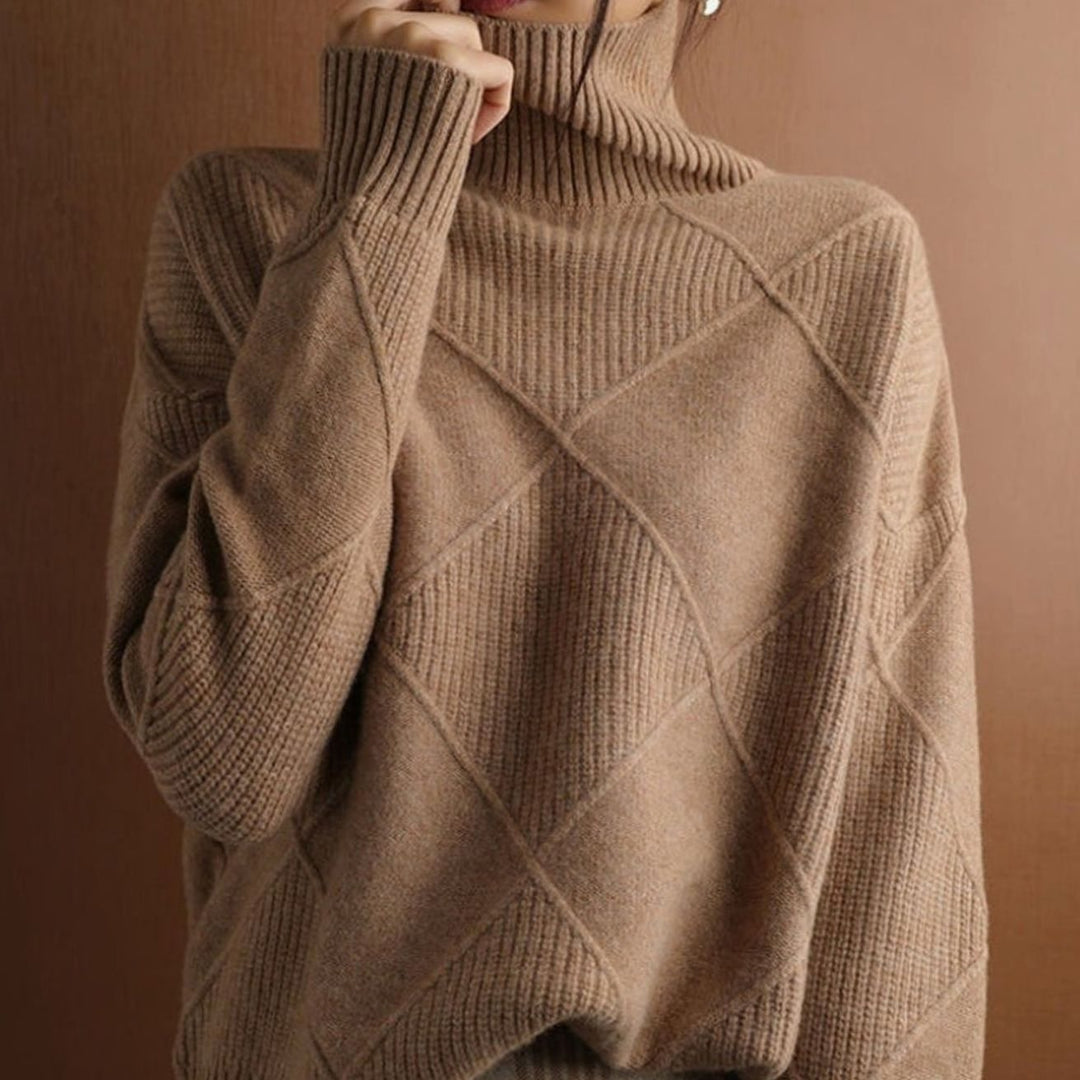 Women's Oversized Diamond-Texture Turtleneck Knit Sweater