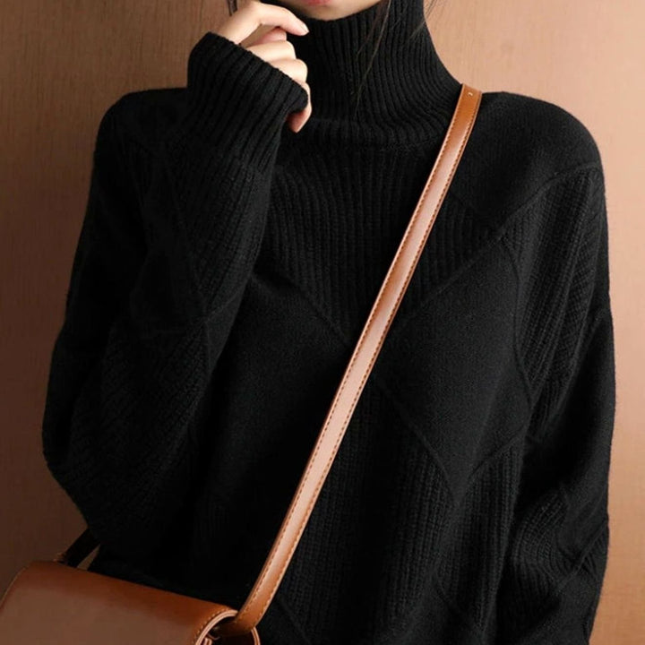 Women's Oversized Diamond-Texture Turtleneck Knit Sweater - Black