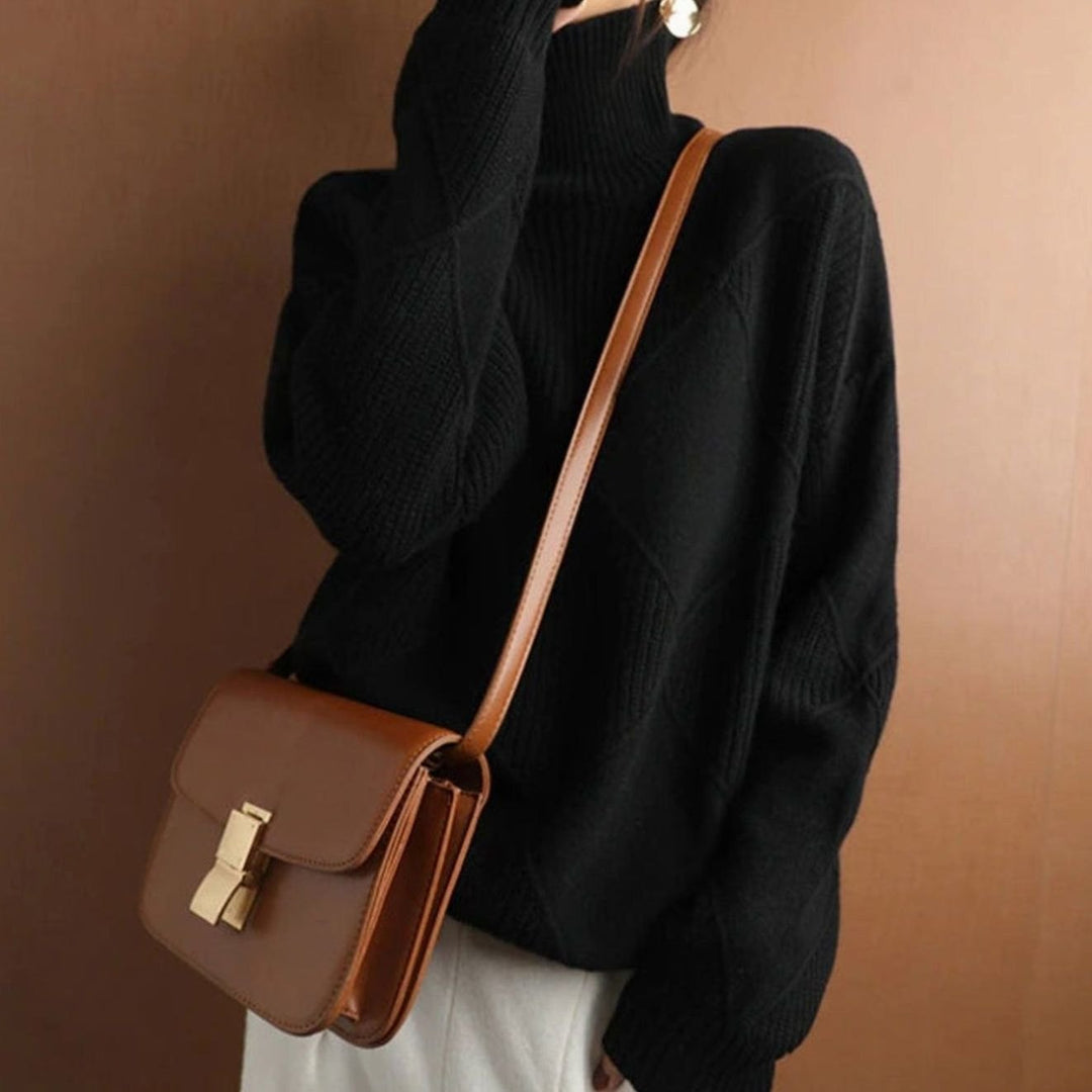 Women's Oversized Diamond-Texture Turtleneck Knit Sweater