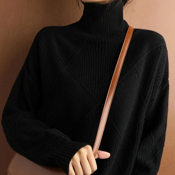 Women's Oversized Diamond-Texture Turtleneck Knit Sweater
