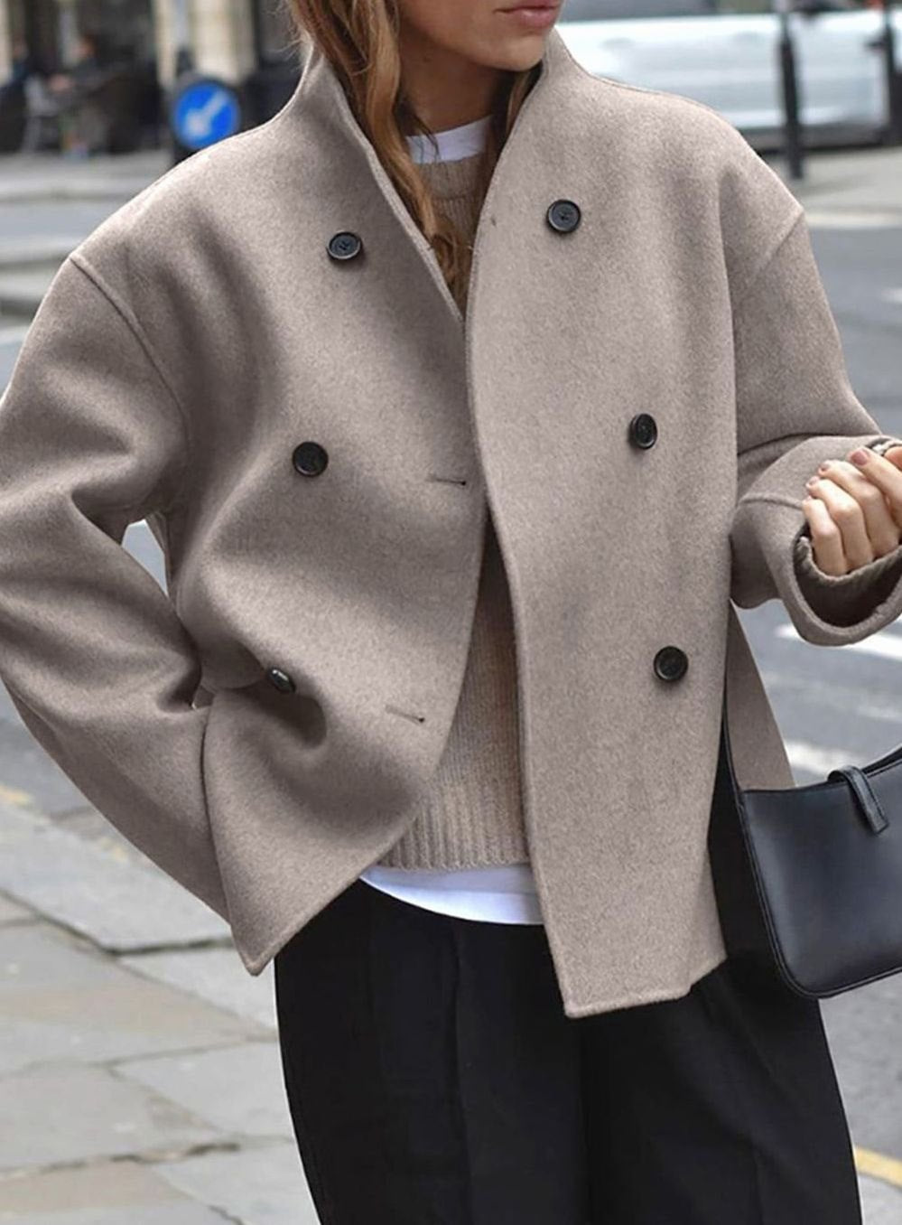 Women's Oversized Double-Breasted Coat Tailored Wool-Look Jacket - Khaki