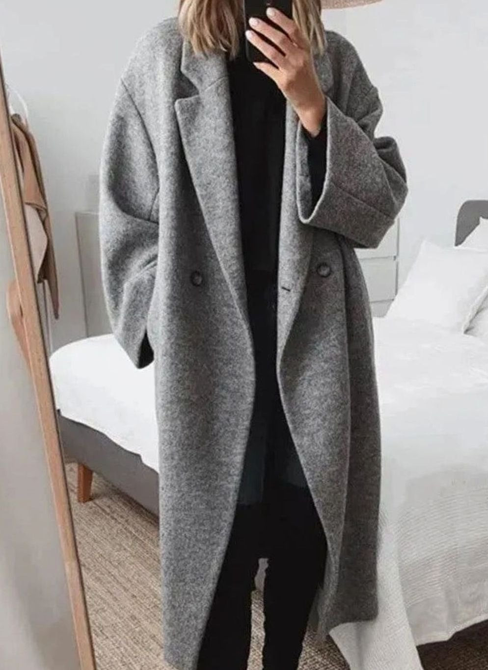 Women's Oversized Double-Breasted Long Button-Down Coat - Gray
