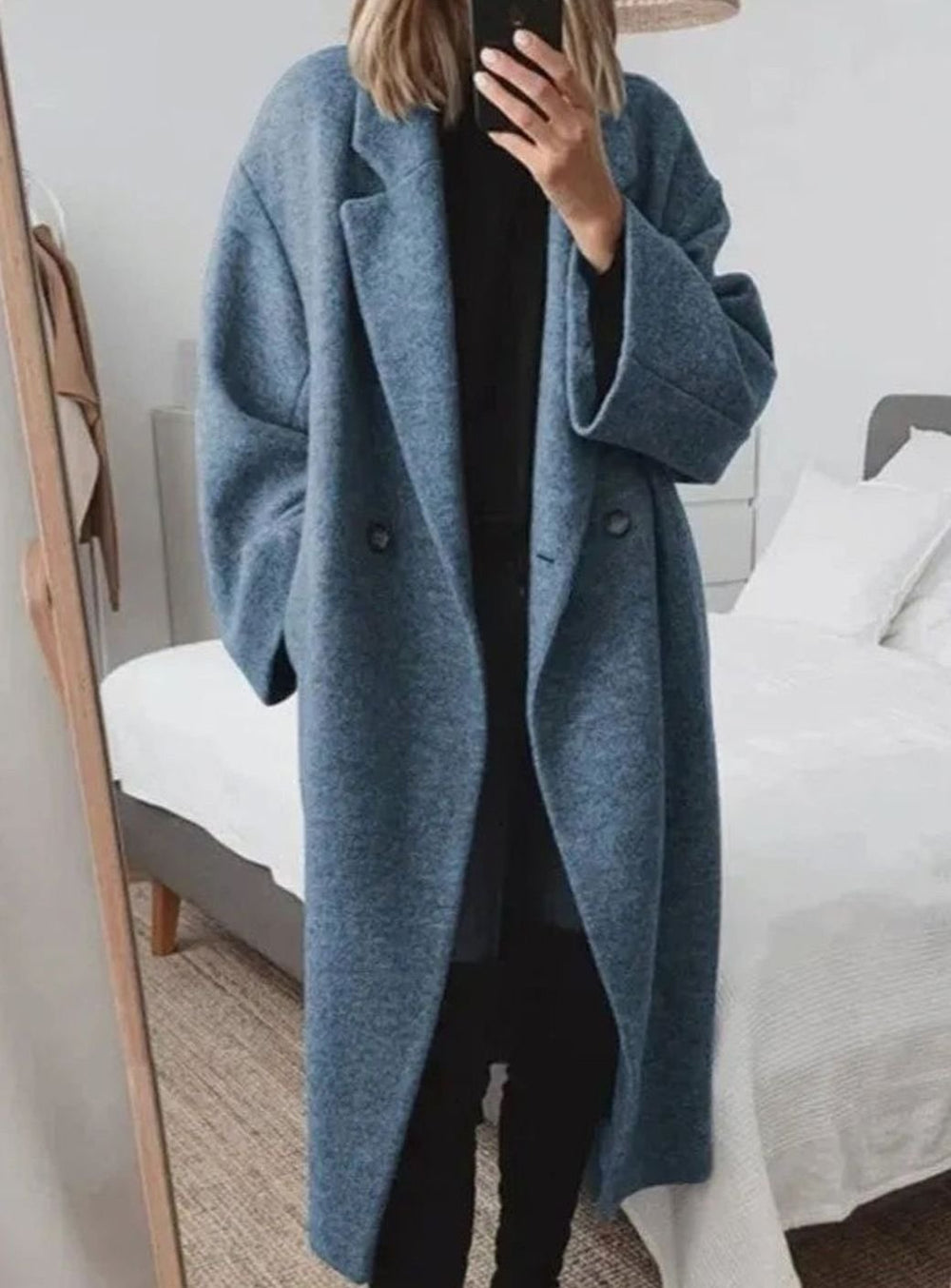 Women's Oversized Double-Breasted Long Button-Down Coat - Navy Blue