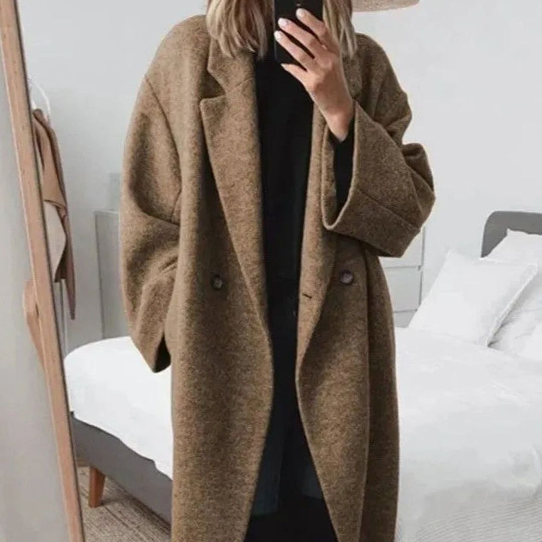 Women's Oversized Double-Breasted Long Button-Down Coat - Brown