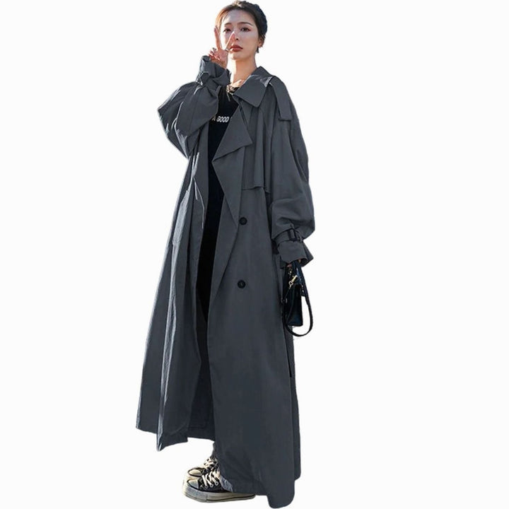 Women's Oversized Double-Breasted Long Trench Coat - Gray