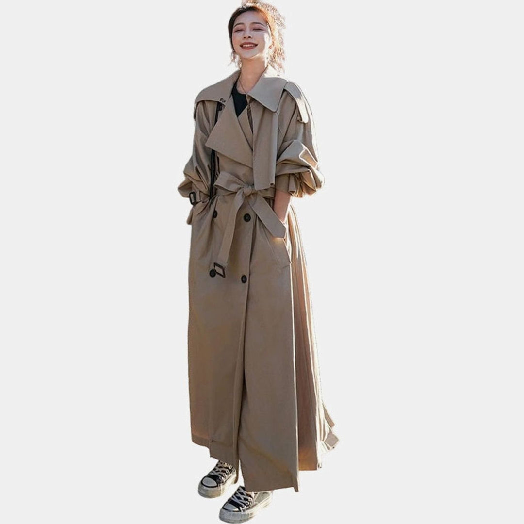 Women's Oversized Double-Breasted Long Trench Coat - Khaki