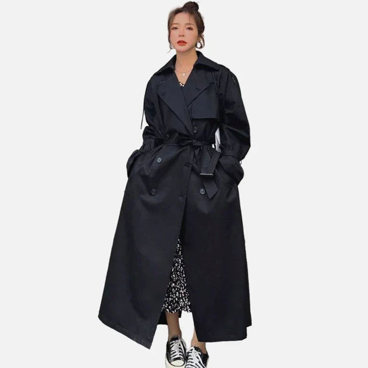 Women's Oversized Double-Breasted Long Trench Coat - Black