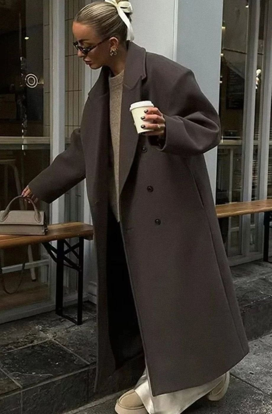 Women's Oversized Double-Breasted Long Winter Coat - Brown