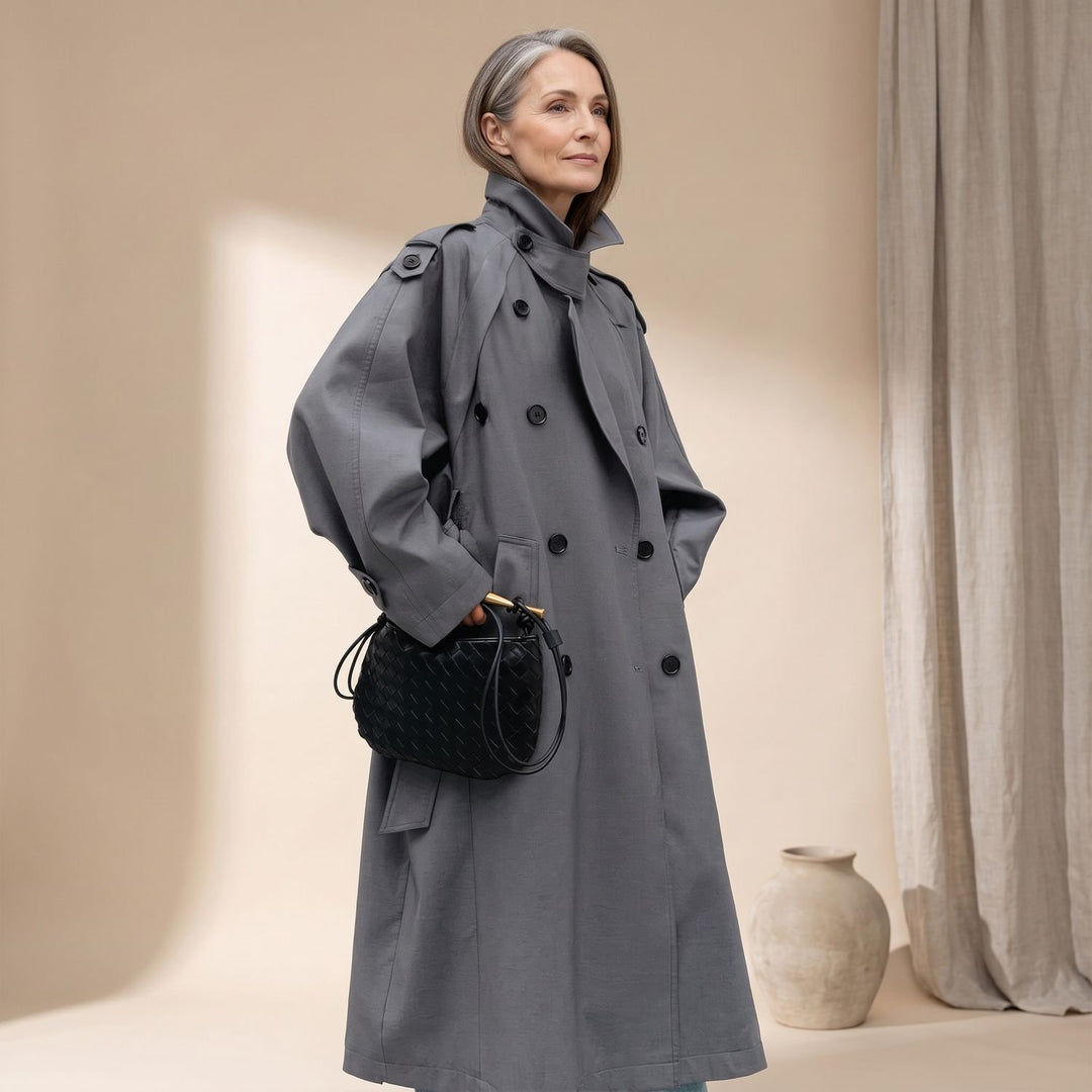 Women's Oversized Double-Breasted Longline Trench Coat - Gray