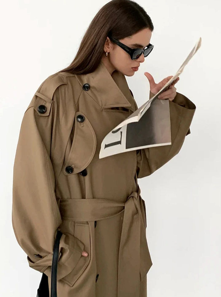 Women's Oversized Double-Breasted Longline Trench Coat - Khaki