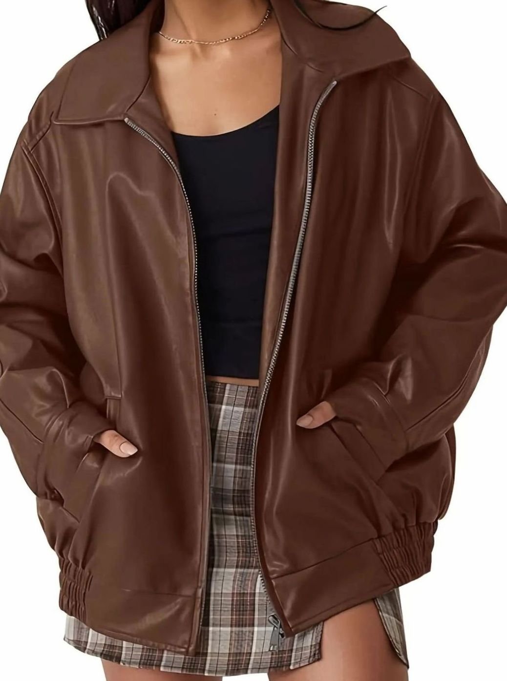 Women's Oversized Faux Leather Zip-Up Bomber Jacket - Brown