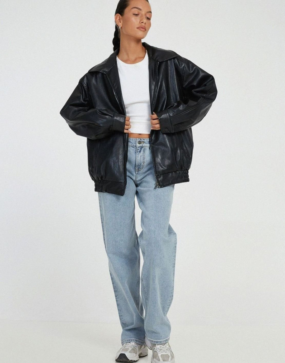 Women's Oversized Faux Leather Zip-Up Bomber Jacket - Black
