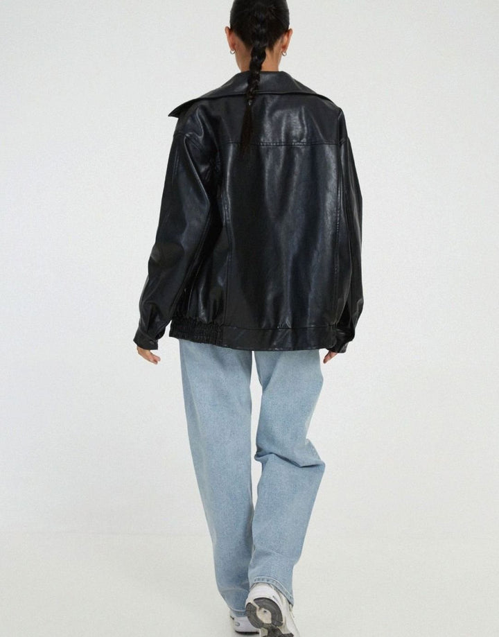 Women's Oversized Faux Leather Zip-Up Bomber Jacket