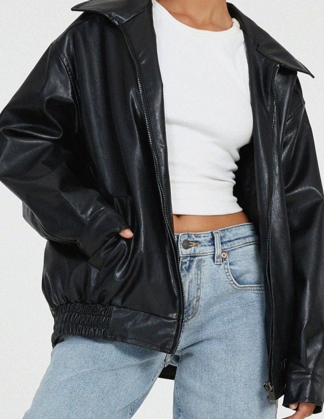 Women's Oversized Faux Leather Zip-Up Bomber Jacket