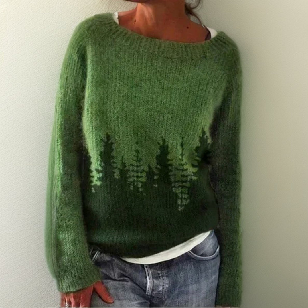 Women's Oversized Forest Print Knit Sweater Crew Neck