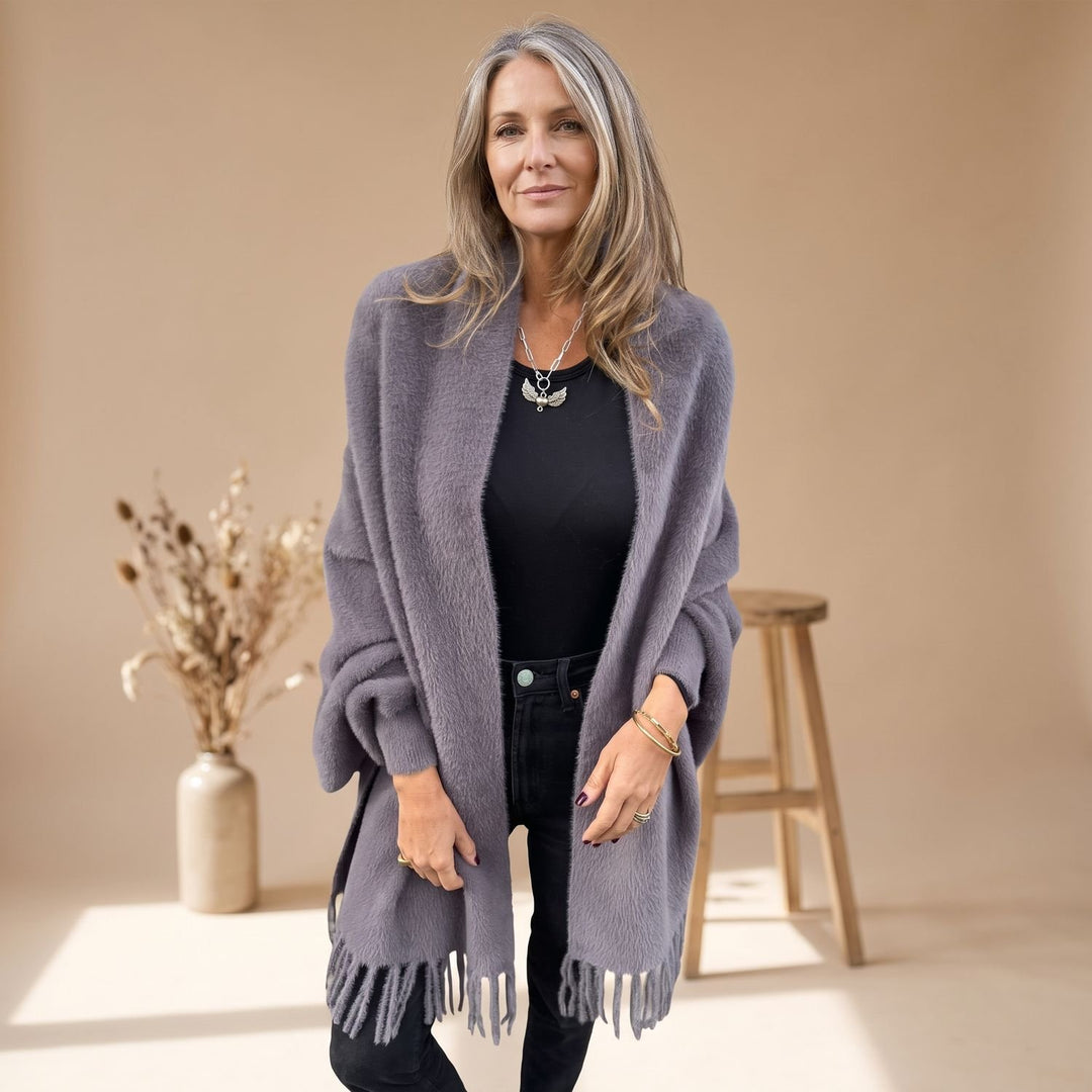 Women's Oversized Fringed Fuzzy Knit Cardigan Wrap - Grey