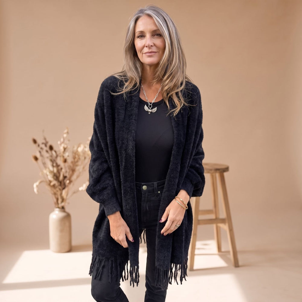 Women's Oversized Fringed Fuzzy Knit Cardigan Wrap - Black