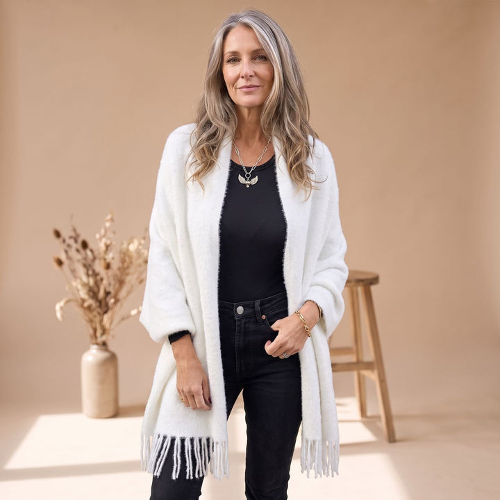 Women's Oversized Fringed Fuzzy Knit Cardigan Wrap