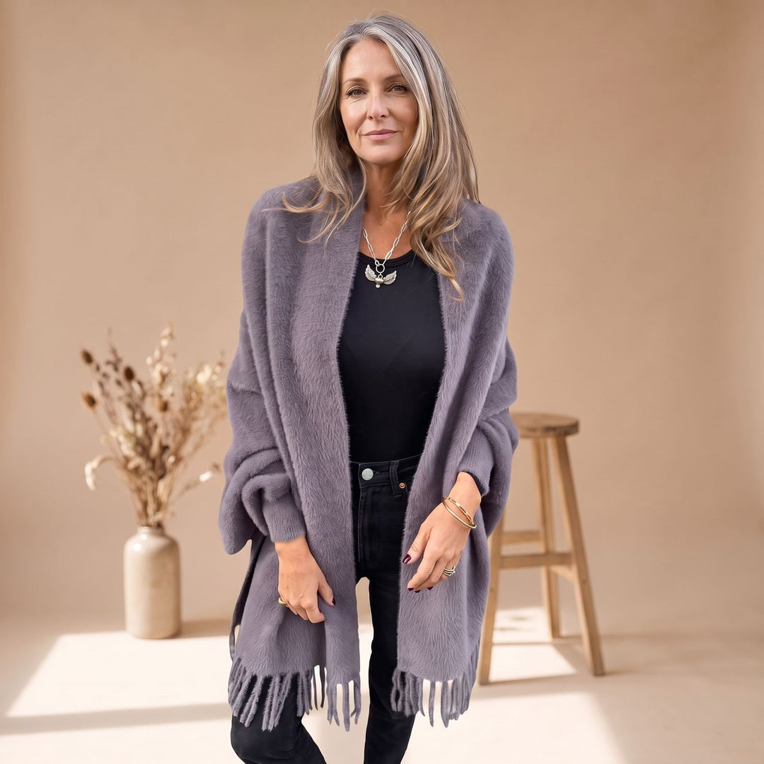 Women's Oversized Fringed Fuzzy Knit Cardigan Wrap