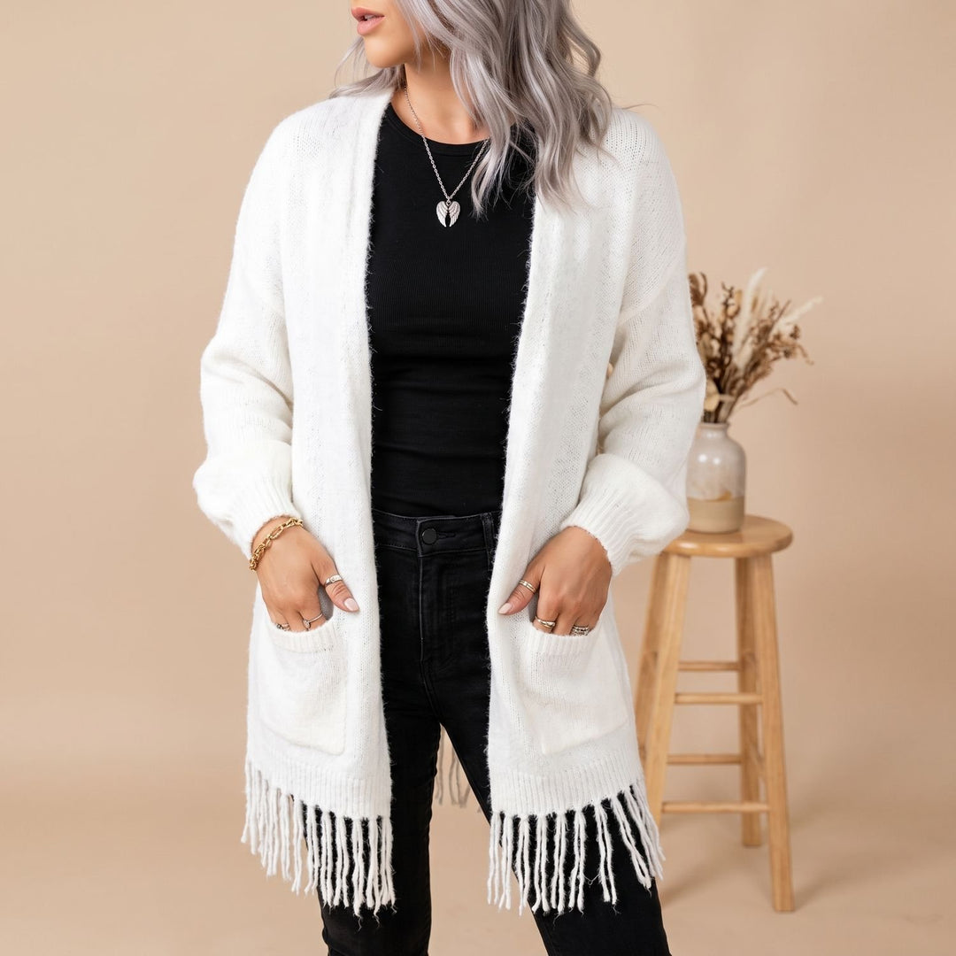 Women's Oversized Fringed Fuzzy Knit Cardigan Wrap - White