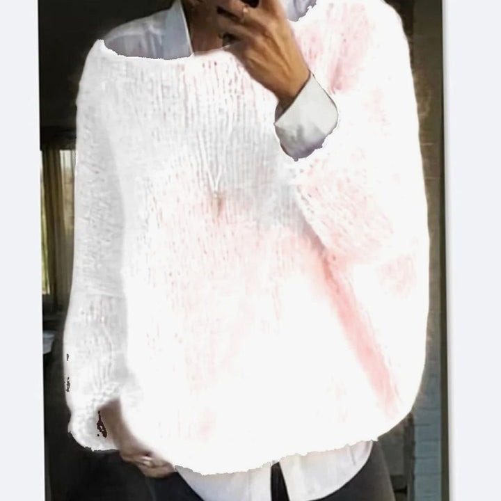 Women's Oversized Fuzzy Knit Sweater Long Sleeve Pullover - White