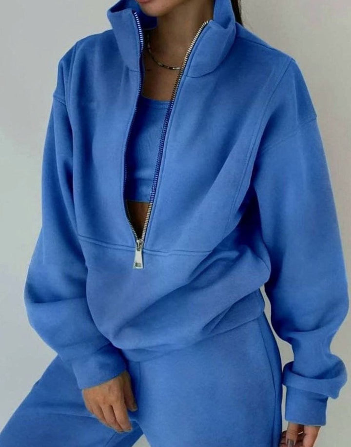 Women's Oversized Half-Zip Cropped Pullover Jogger Two-Piece Set - Blue