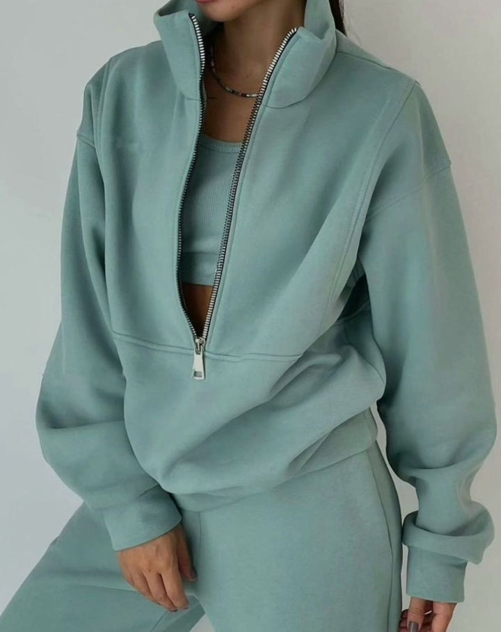 Women's Oversized Half-Zip Cropped Pullover Jogger Two-Piece Set - Green