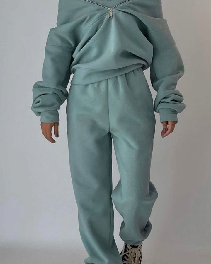 Women's Oversized Half-Zip Cropped Pullover Jogger Two-Piece Set