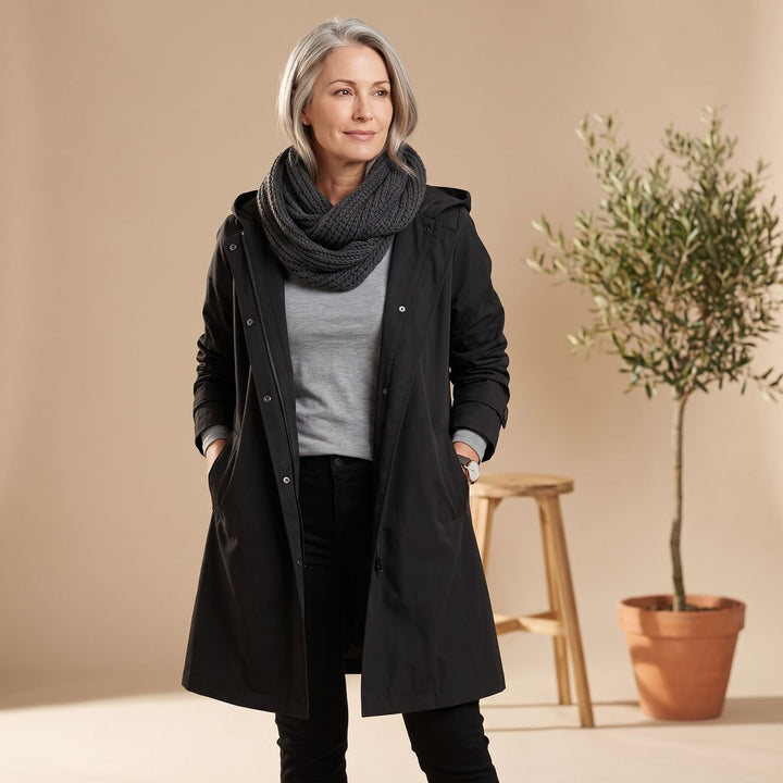 Women's Oversized Hooded A-Line Long Trench Coat - Black