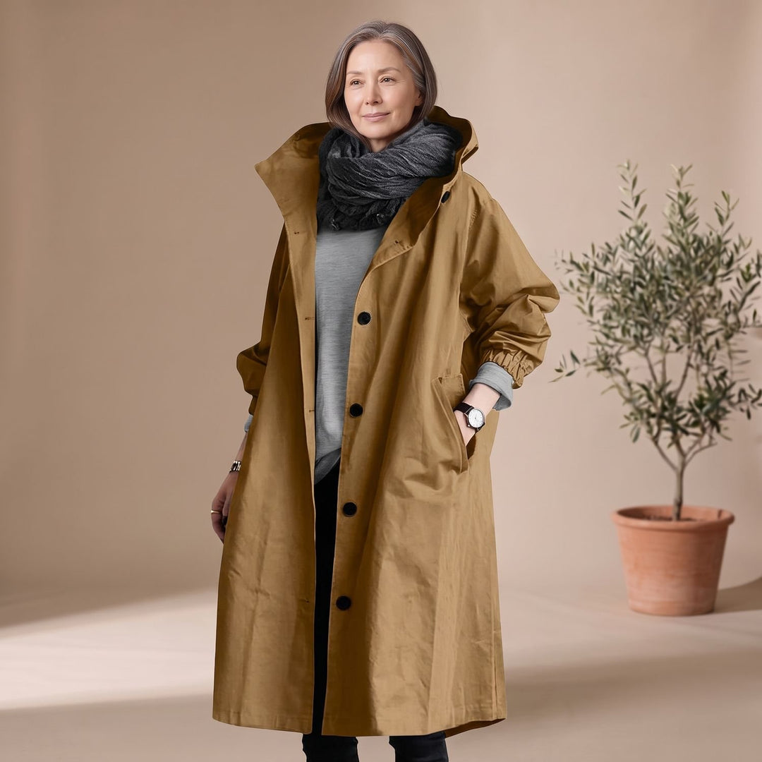Women's Oversized Hooded A-Line Long Trench Coat - Beige