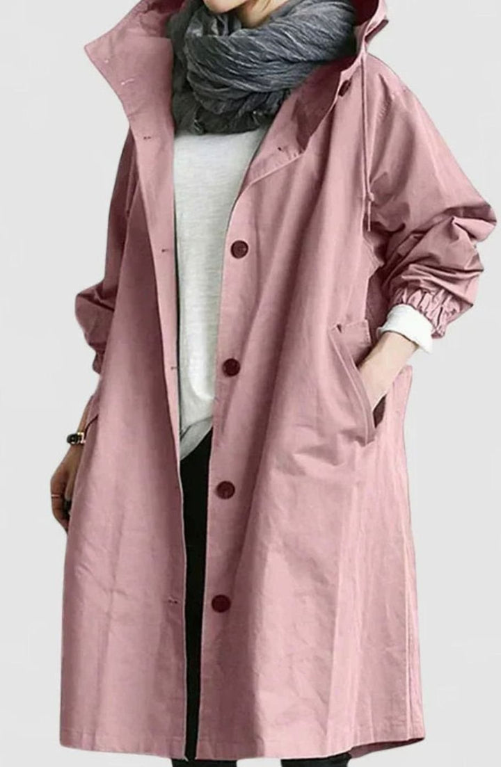Women's Oversized Hooded Button-Front Longline Trench Coat - Pink