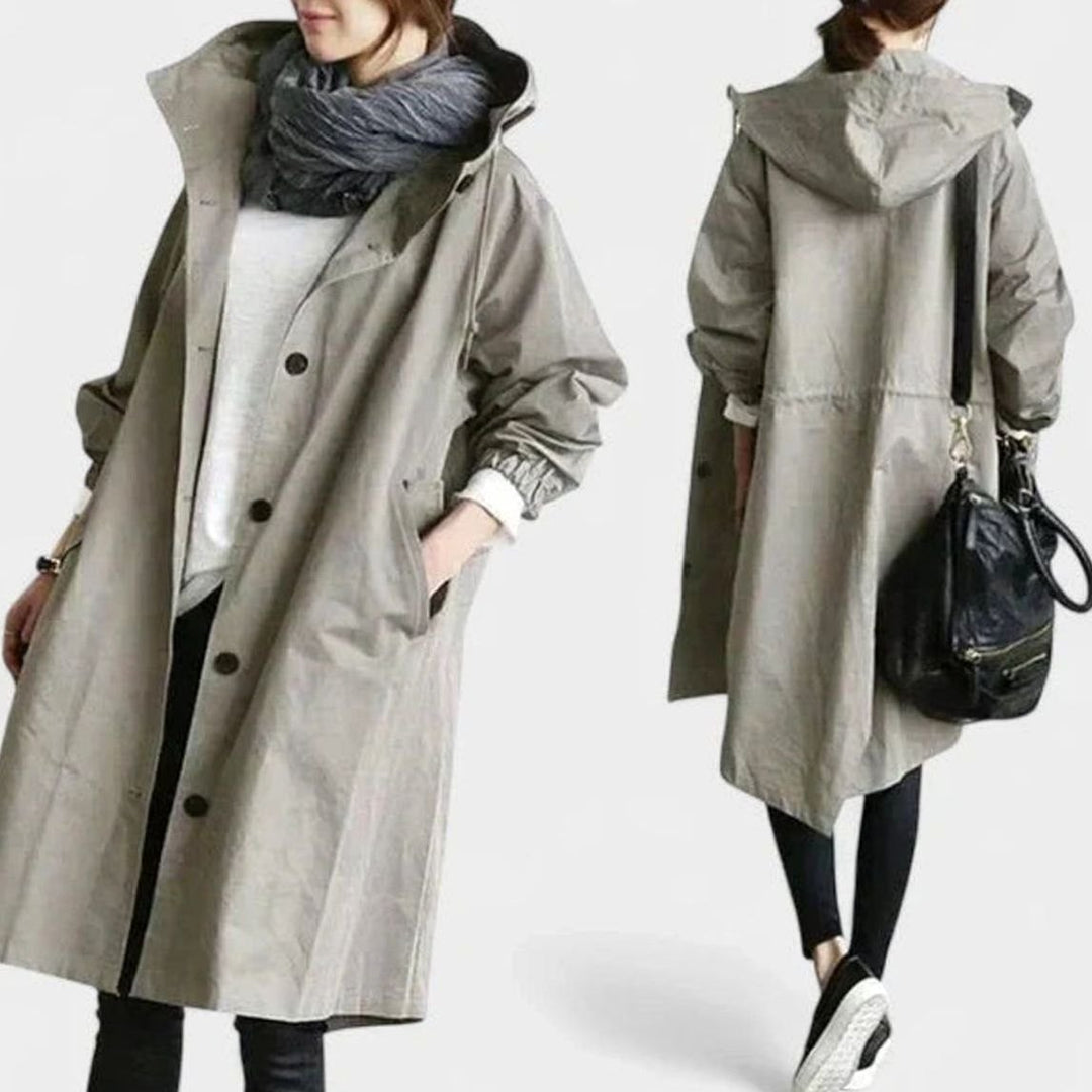 Women's Oversized Hooded Button-Front Longline Trench Coat - Light Gray