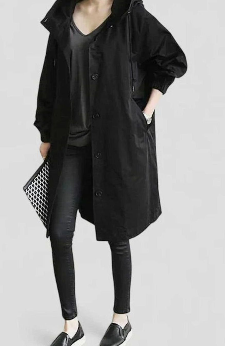 Women's Oversized Hooded Button-Front Longline Trench Coat - Black