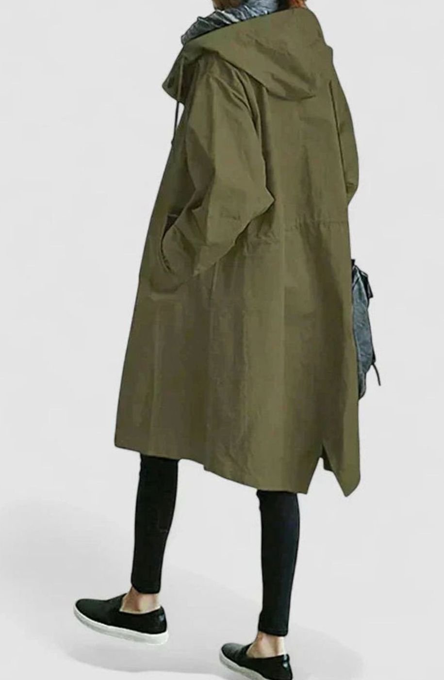 Women's Oversized Hooded Button-Front Longline Trench Coat - Army Green