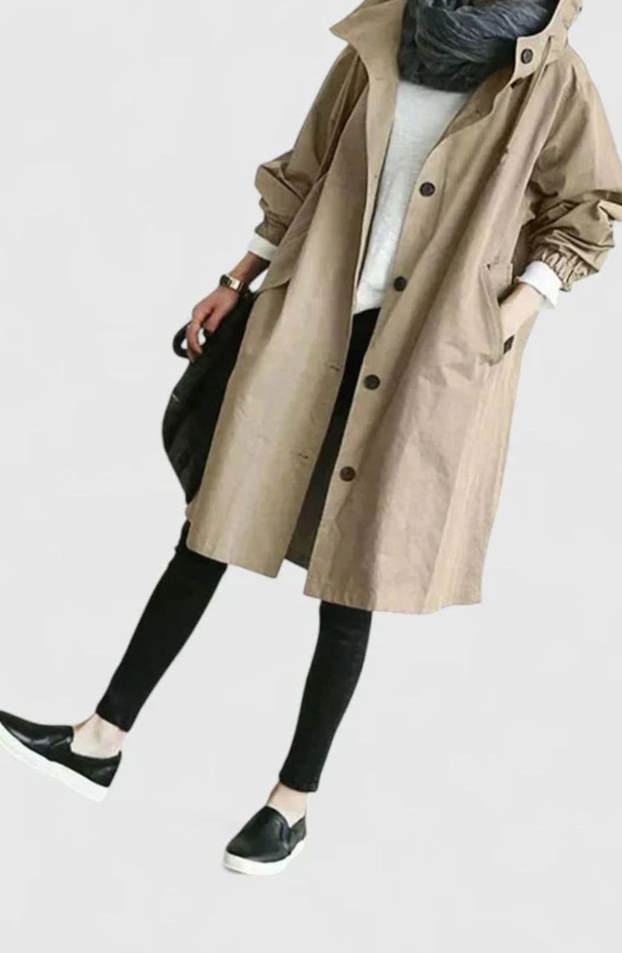 Women's Oversized Hooded Button-Front Longline Trench Coat - Beige