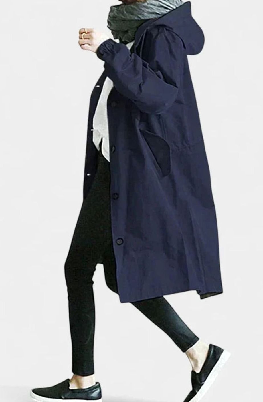 Women's Oversized Hooded Button-Front Longline Trench Coat - Navy Blue