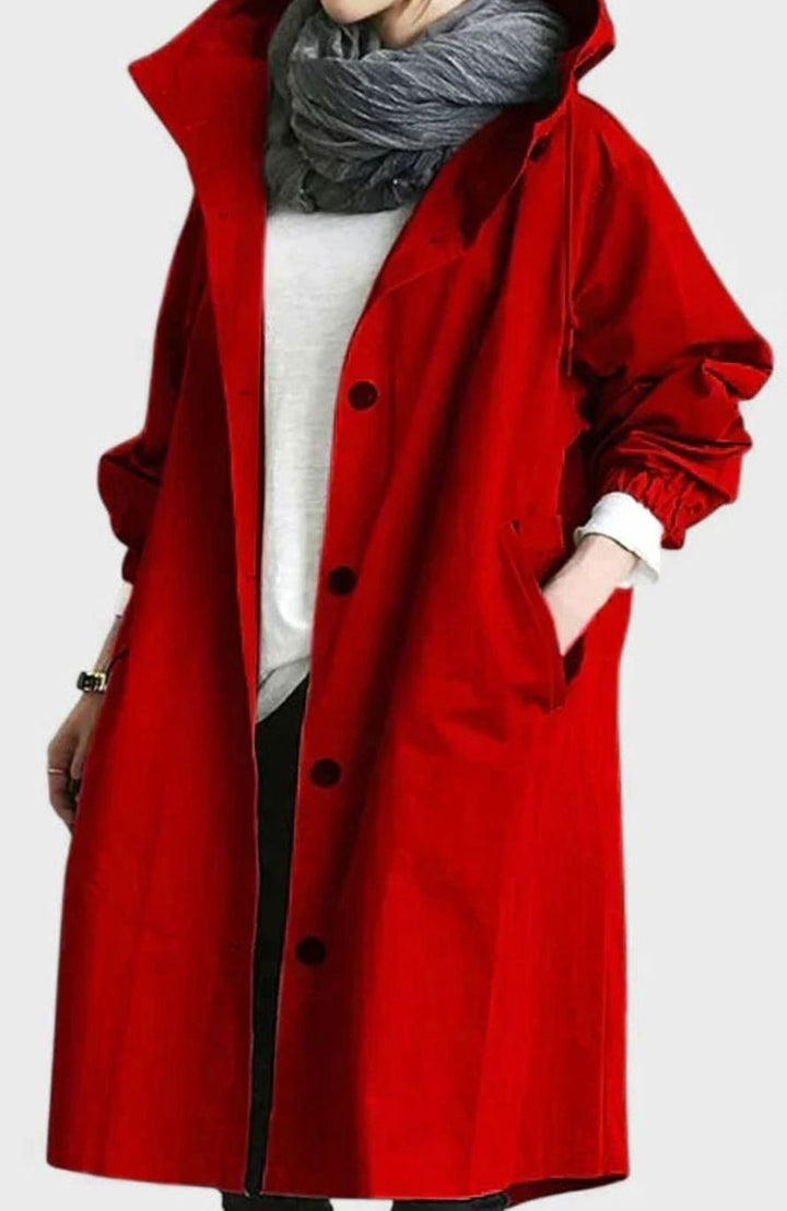 Women's Oversized Hooded Button-Front Longline Trench Coat - Red
