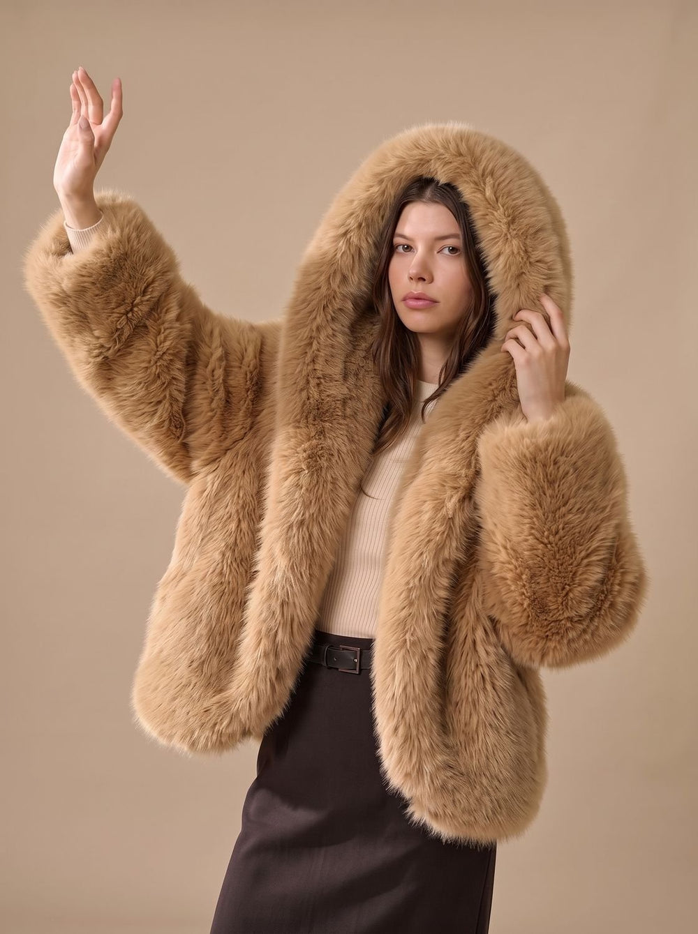 Women's Oversized Hooded Faux Fur Coat Long Sleeve Winter - Brown