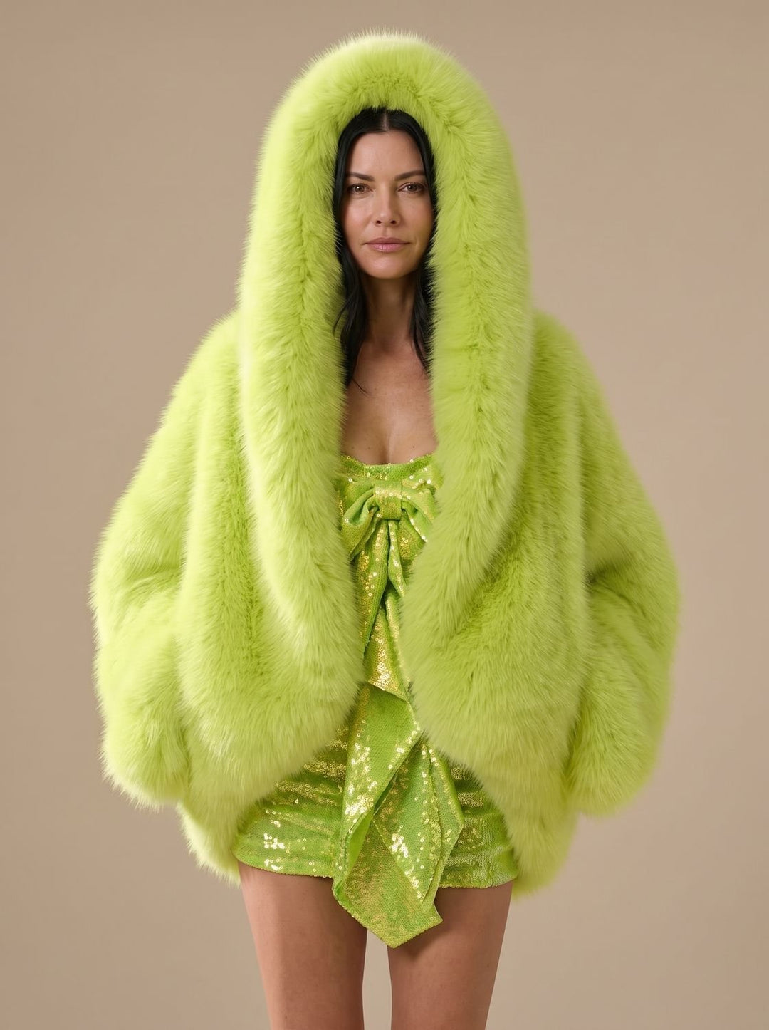 Women's Oversized Hooded Faux Fur Coat Long Sleeve Winter - Green