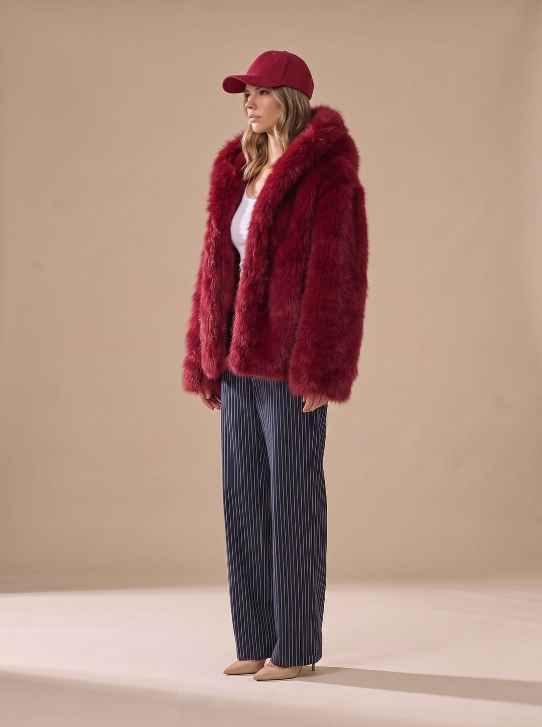 Women's Oversized Hooded Faux Fur Coat Long Sleeve Winter - Red